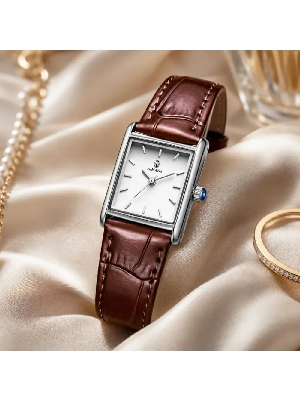 Women's Silver Case Brown Rectangle Vintage Leather Strap  Quartz Movement Watch